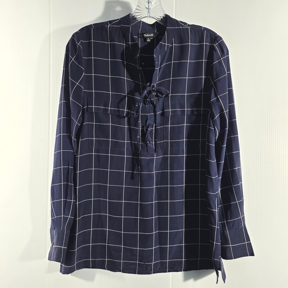 Madewell Navy Silk Windowpane Lace Up Blouse F5658 Womens XS Grid Long Sleeve - Picture 1 of 8